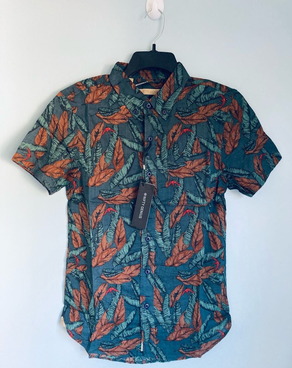Short Sleeve Button Up Top Nifty Genius XS Leaves Men's Casual